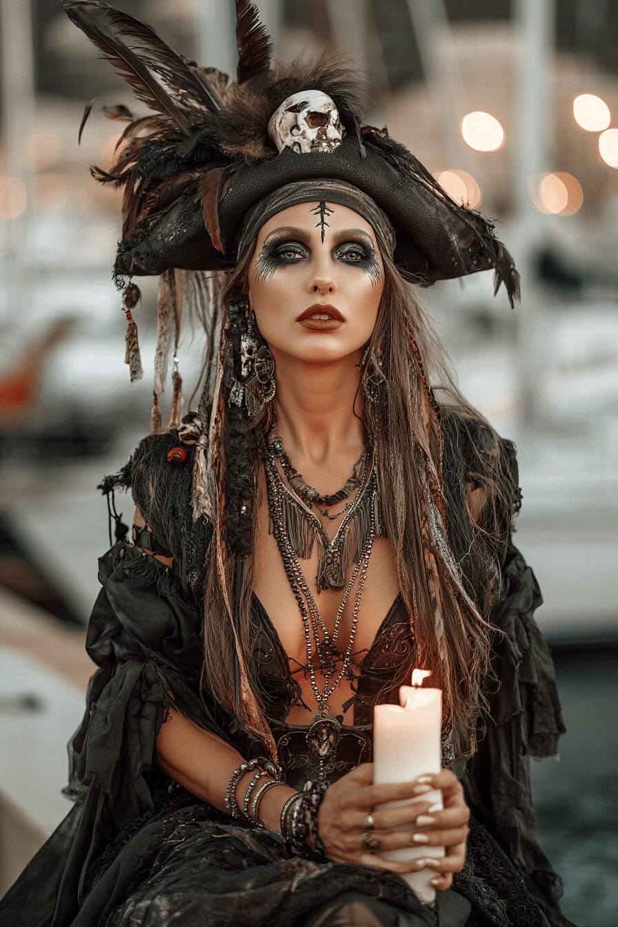 Frau im Voodoo-Piratenkostüm mit schwarzem Outfit, dunklem Makeup und Kerze