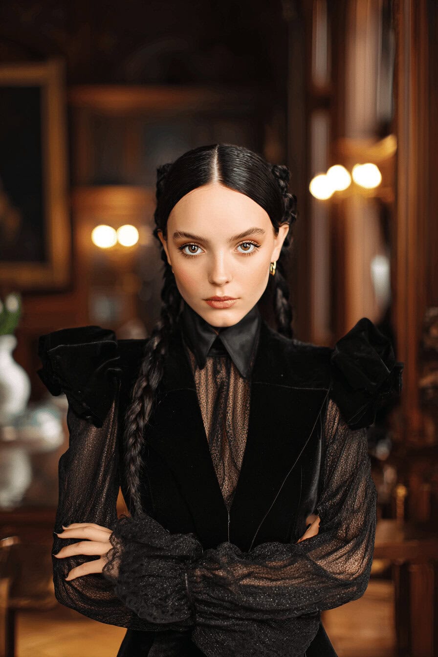 Junge Frau im eleganten Gothic-Look mit geflochtenen Zöpfen