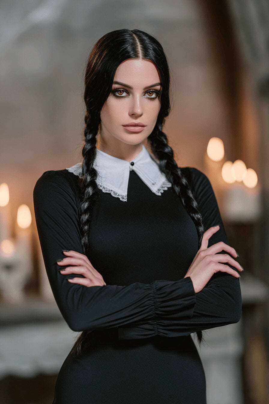 Frau in klassischem Wednesday Addams Kostüm mit geflochtenen Zöpfen und dunklem Hintergrund