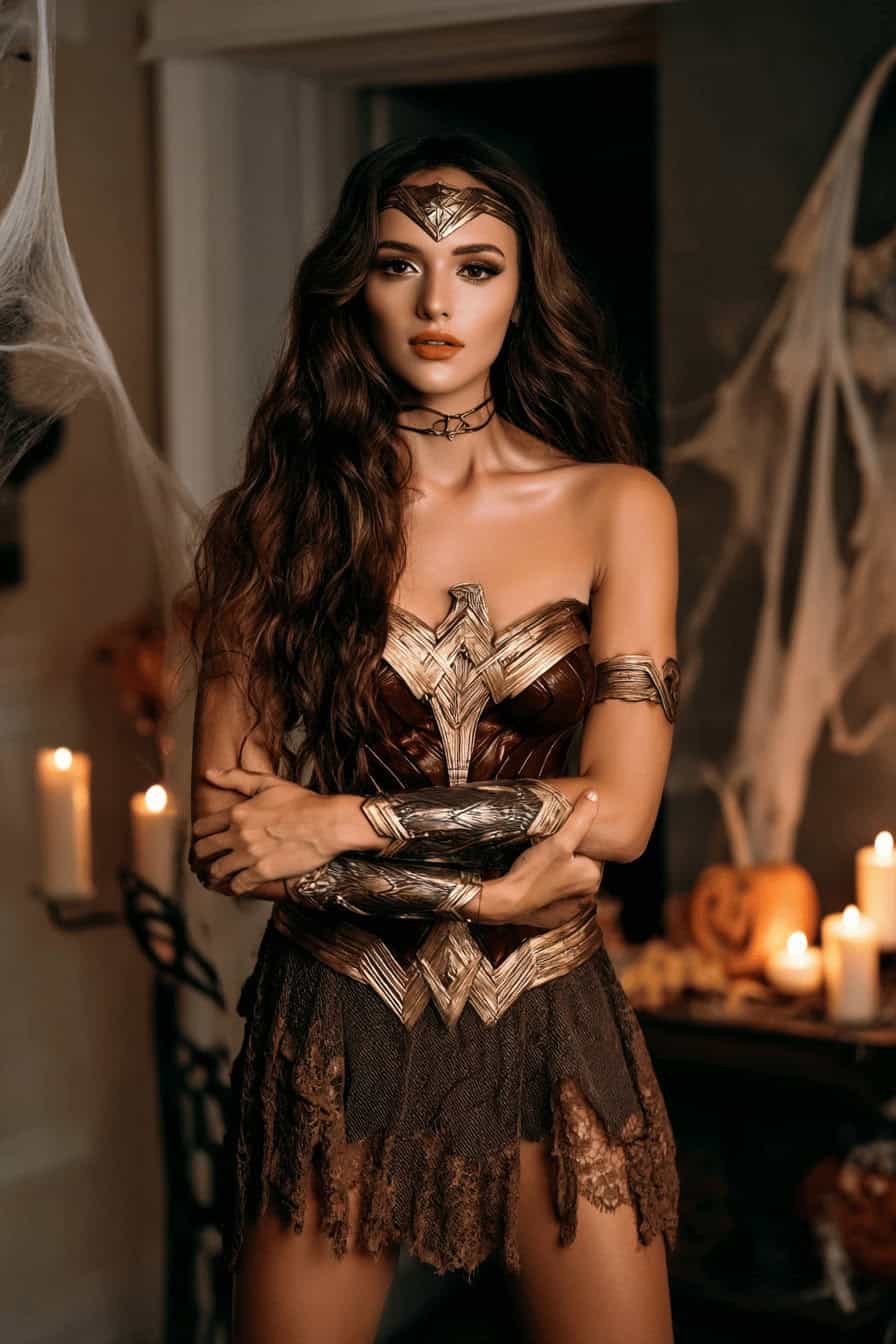 Frau in gruseligem Wonder-Woman-Kostüm mit Halloween-Deko im Hintergrund