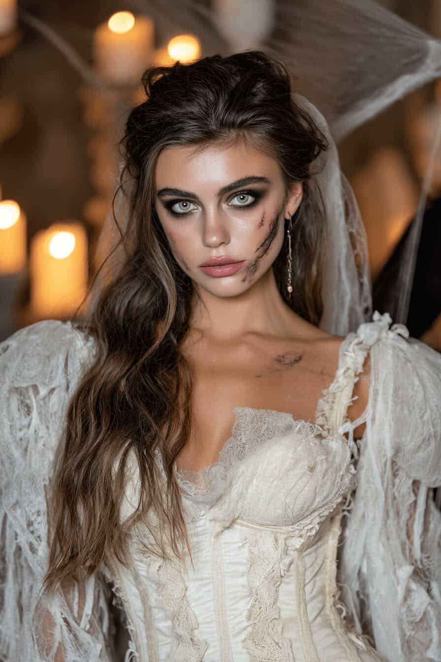 Frau im zerrissenen Brautkleid mit Zombie-Make-up vor Kerzenhintergrund