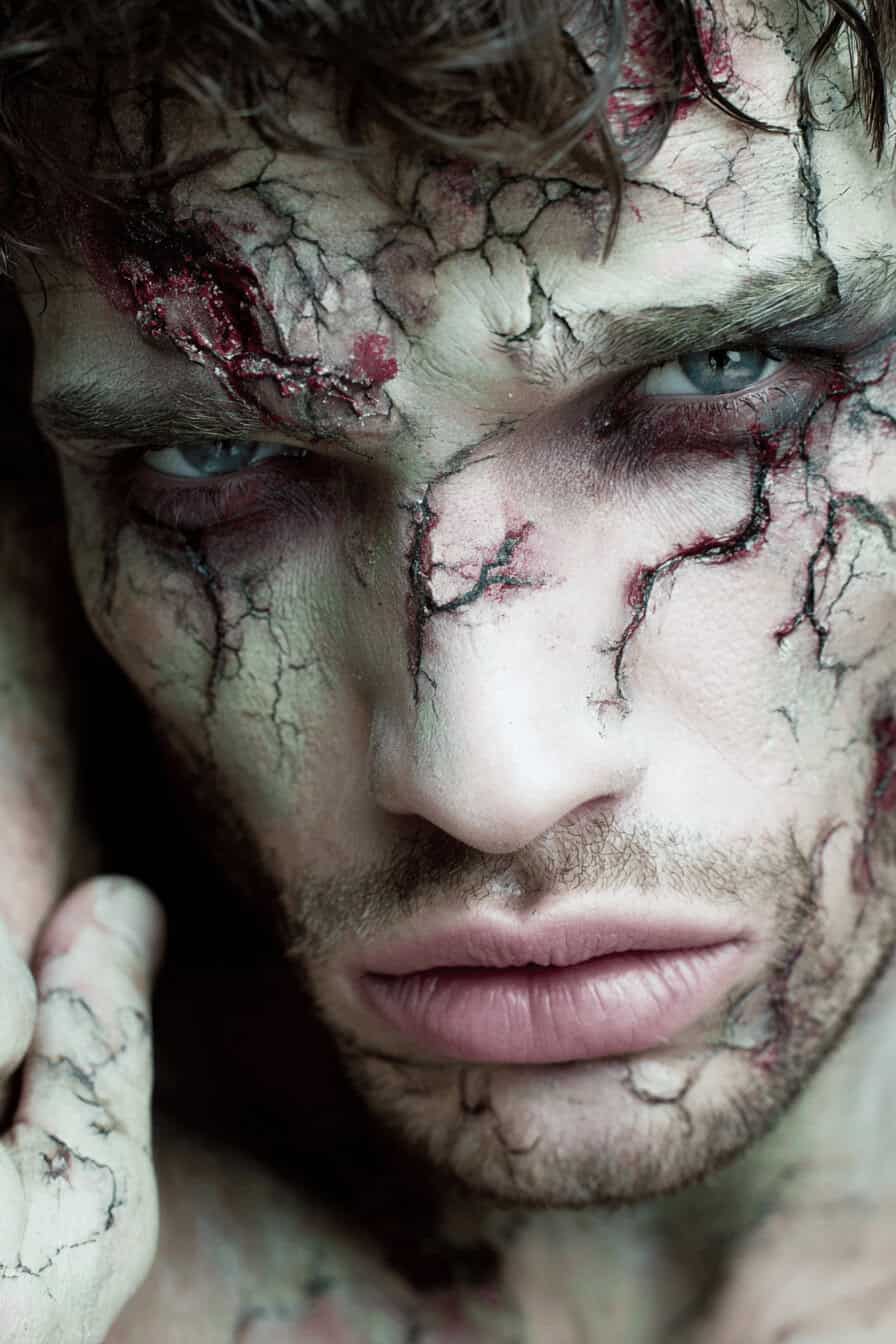 Zombie-Make-up mit blassen Farben, Rissen und blutigen Details im Gesicht eines Mannes