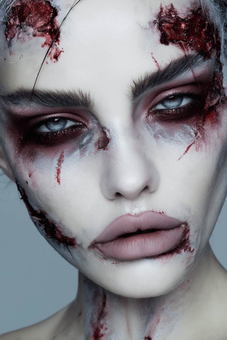 Nahaufnahme eines Halloween-Zombie-Make-ups mit blutigen Wunden und gruseligen Augen