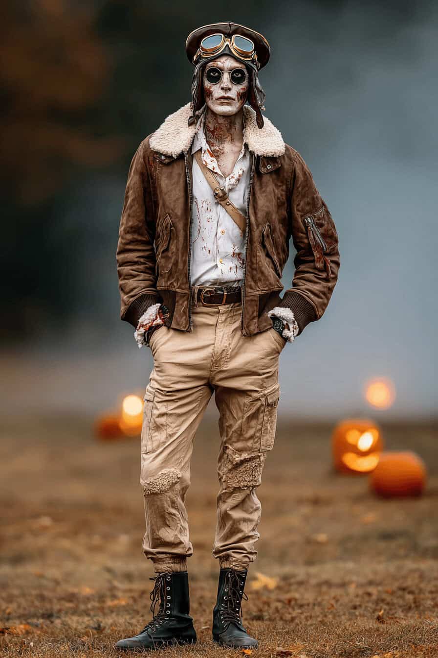 Ein Mann im Zombie-Pilot-Kostüm mit Fliegerjacke, Blutspuren und Halloween-Hintergrund