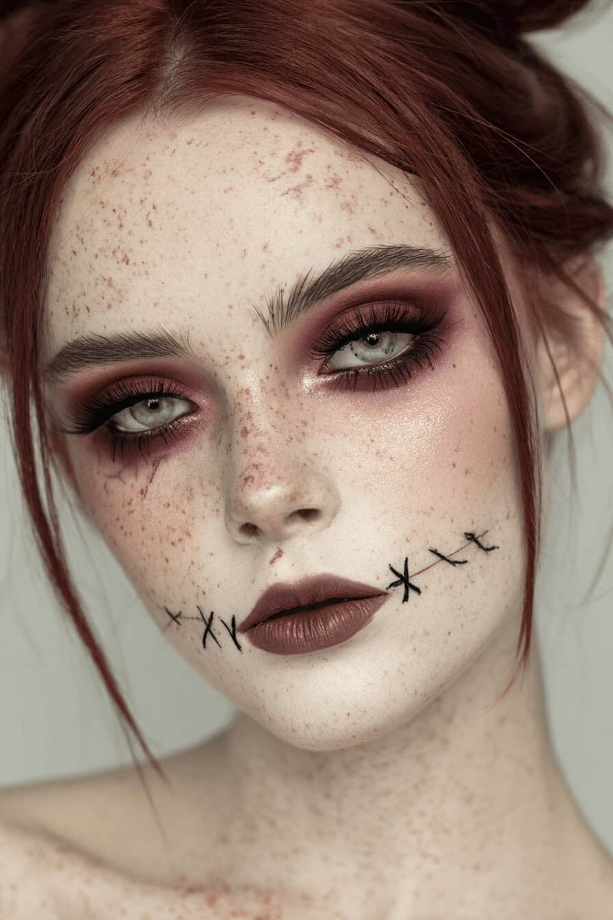 Halloween Make-up mit zugenähtem Mund und dramatischem Augenlook