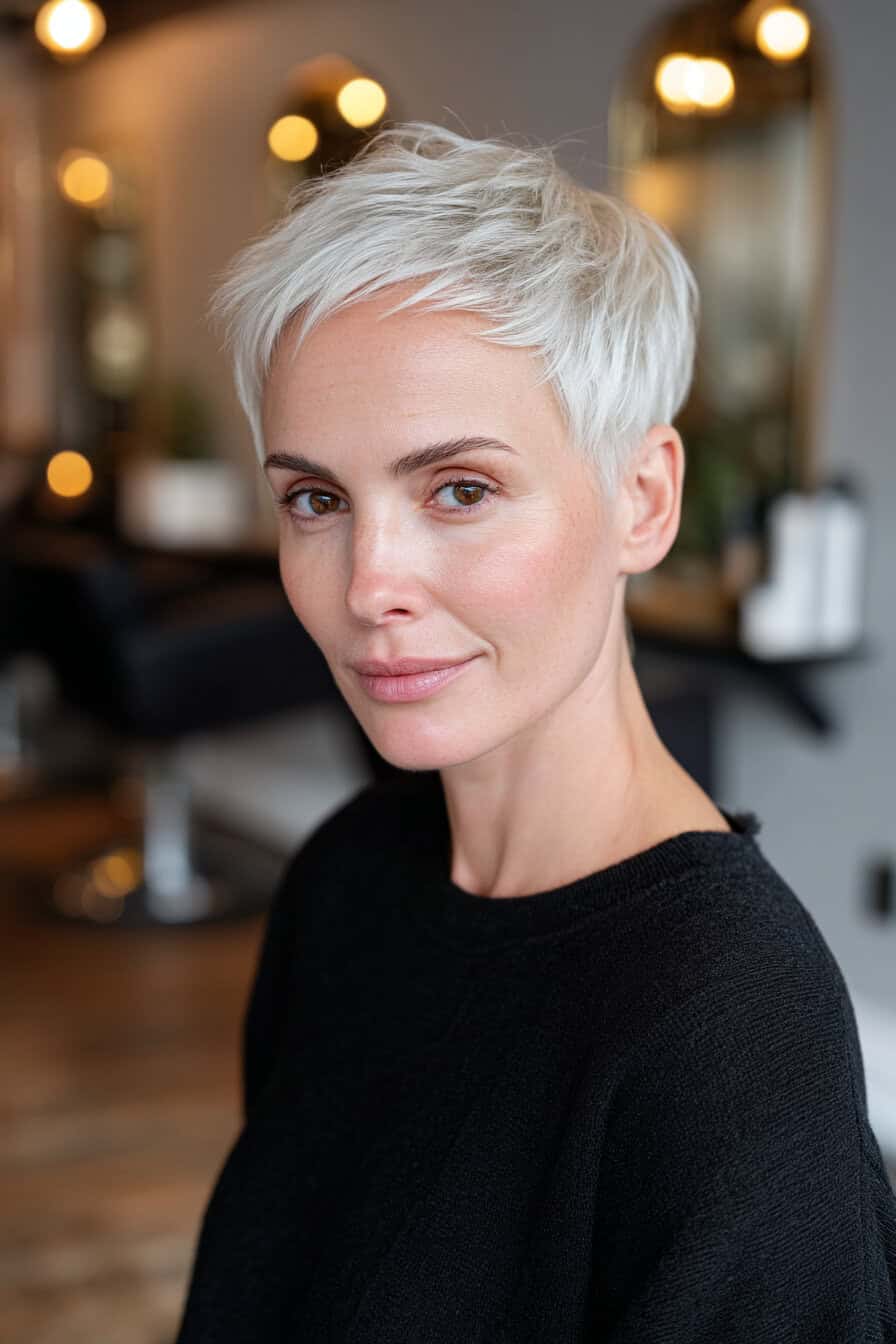 Frau mit silbernem, gestuftem Pixie Cut im Profil