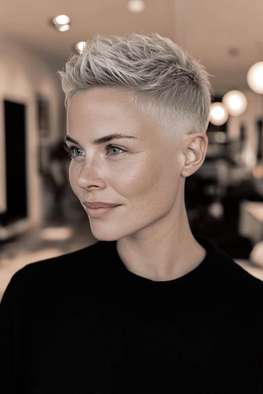 Silbergrauer Pixie Cut mit Undercut seitlich