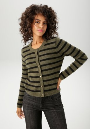 Aniston Casual Streifen-Strickjacke, oliv/schwarz