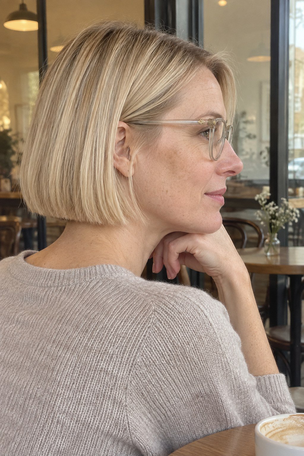 Frau mit Brille: Blonder Bob mit gerader Kante und transparenter Fassung in Champagner