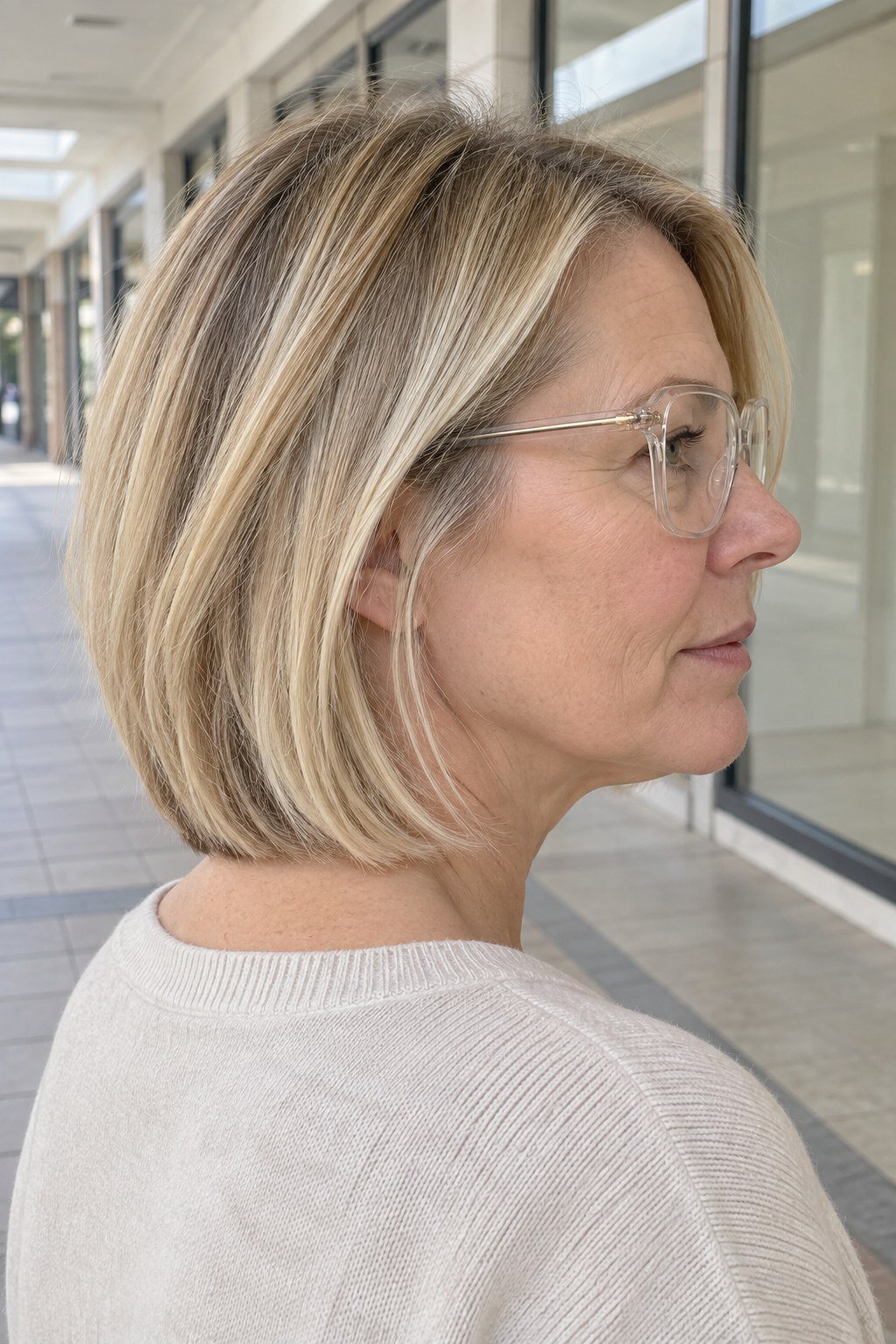 Frau mit Brille: Blonder Long Bob mit langem Nacken und großer transparenter Fassung