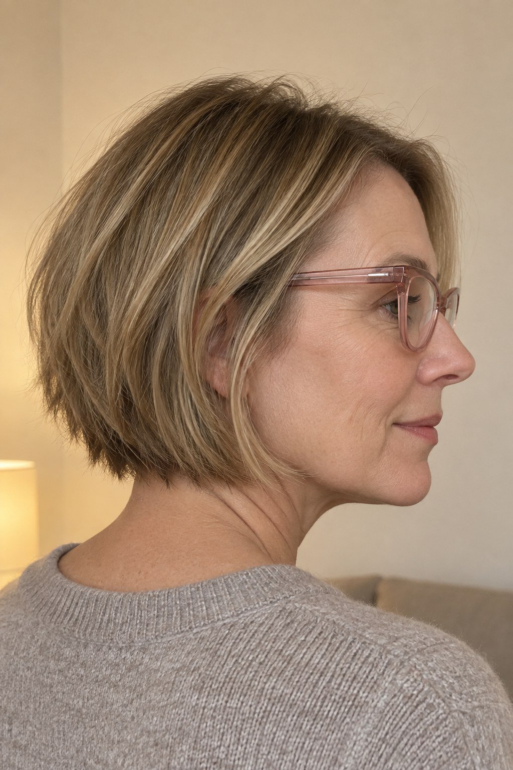 Frau mit Brille: Dunkelblonder Bob mit weicher Nackenkante und transparenter Fassung in Rosé