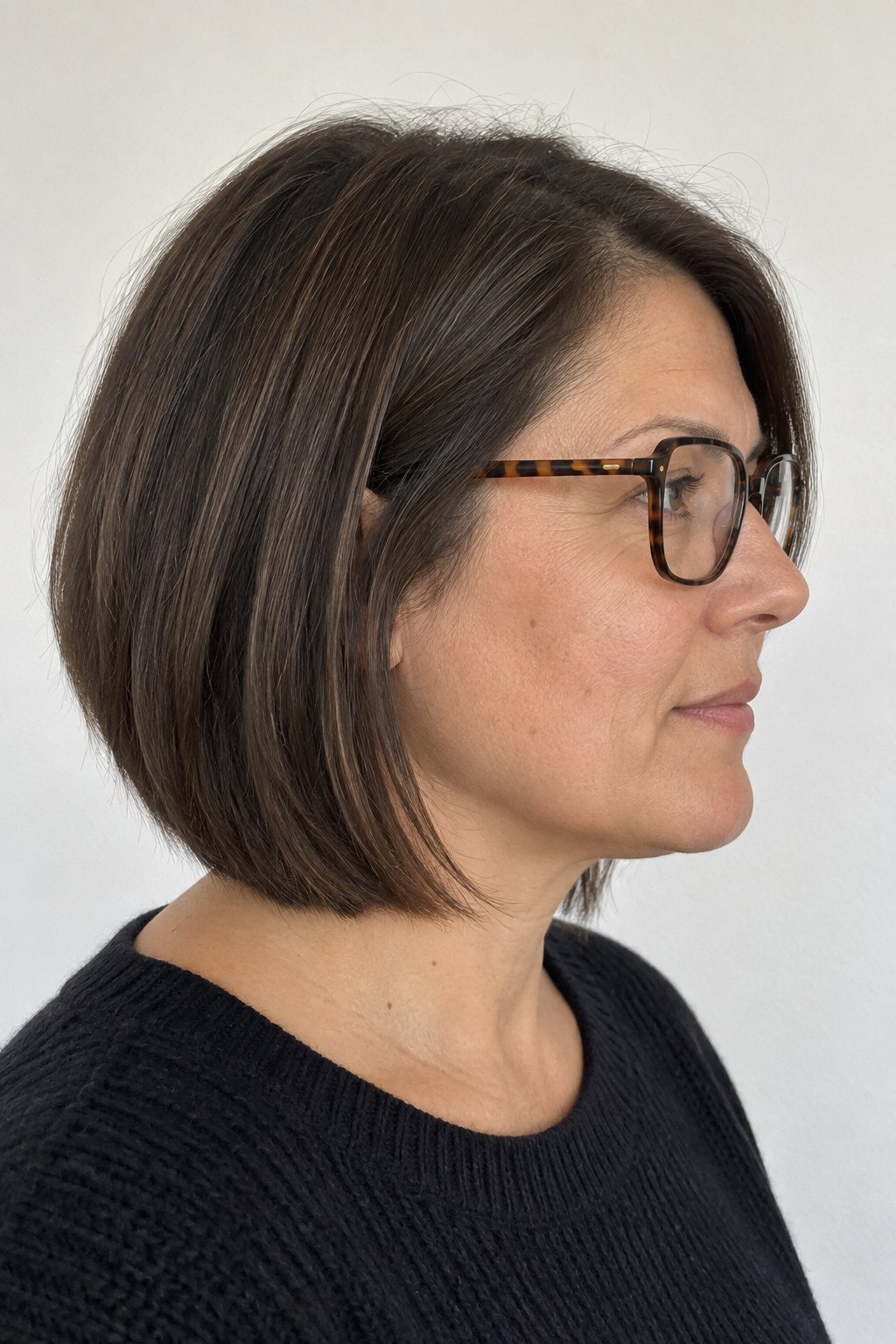 Frau mit Brille: Dunkelbrauner Long Bob mit tief auslaufendem Nacken und großer Havanna-Fassung