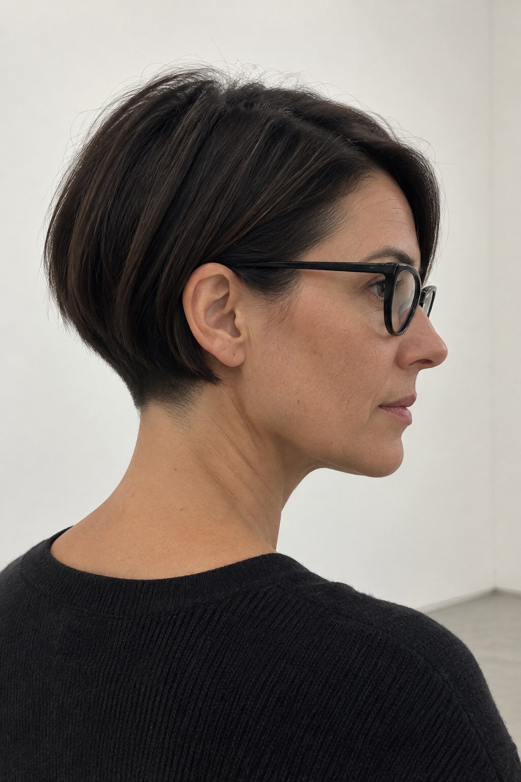 Frau mit Brille: Dunkler Kurzbob mit freiem Halsansatz und schmaler schwarzer Fassung