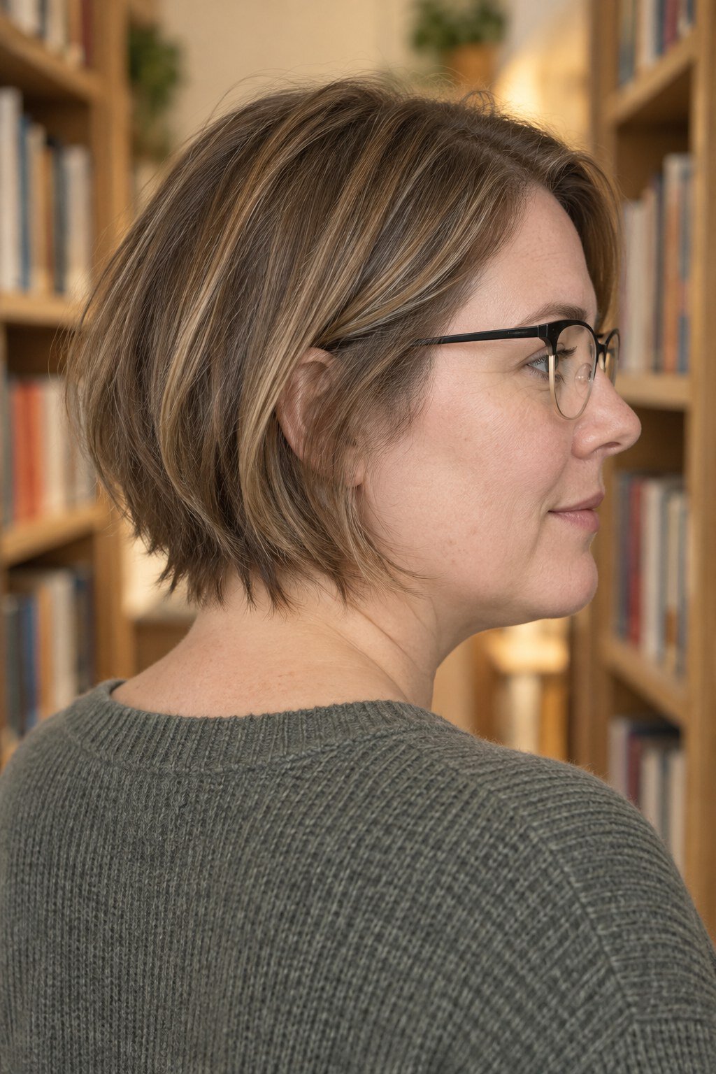Frau mit Brille: Hellbrauner Bob mit ausgefranster Nackenkante und halbrandloser Fassung