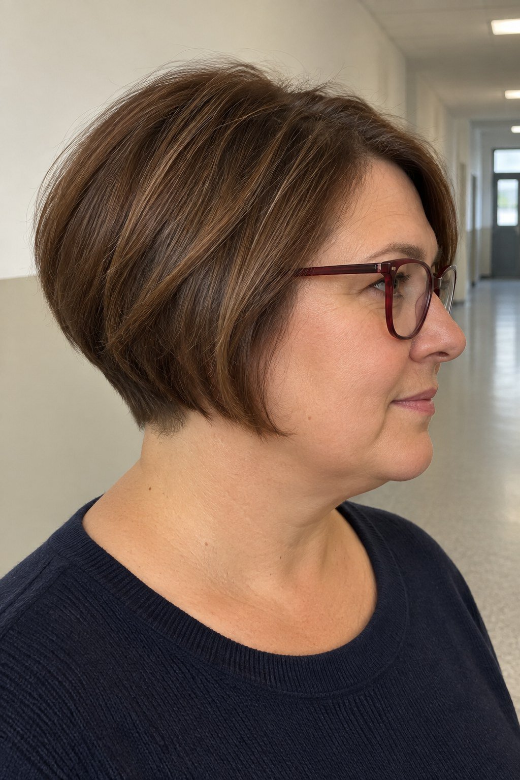 Frau mit Brille: Kastanienbrauner Bob mit steil aufgebautem Hinterkopf und weinroter Fassung