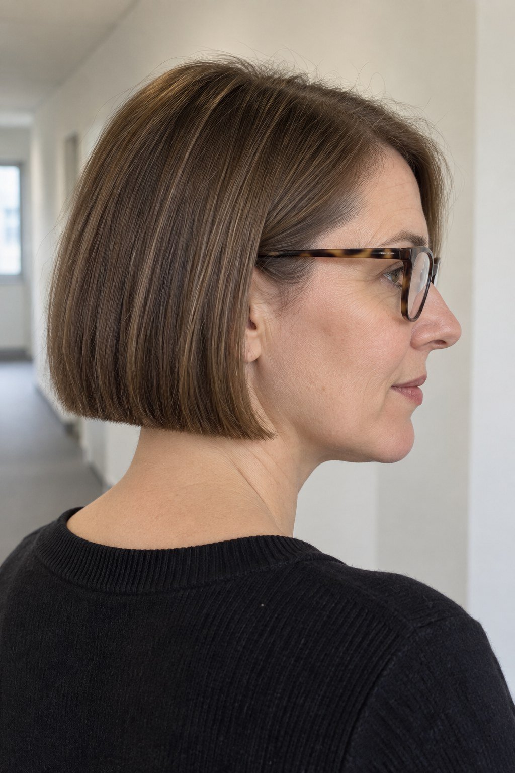 Frau mit Brille: Kinnlanger Blunt Bob mit stumpfer Nackenkante und rechteckiger Havanna-Fassung