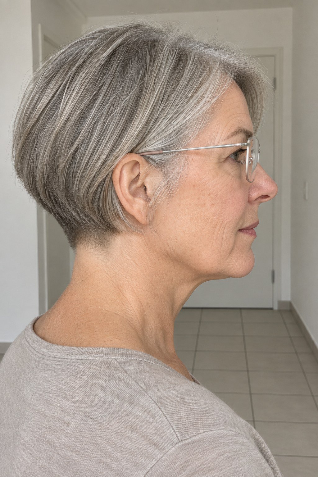 Frau mit Brille: Kurzer Bob mit freiem Nacken und feiner Silberfassung