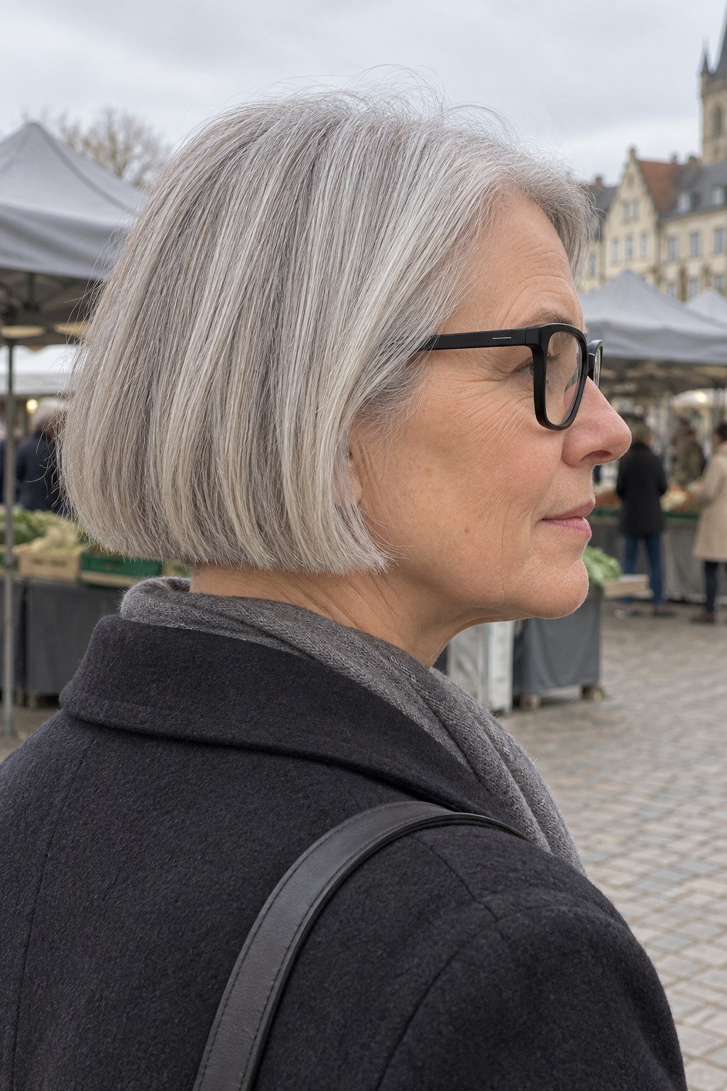 Frau mit Brille: Silbergrauer Blunt Bob auf Kieferhöhe mit kräftiger schwarzer Eckfassung