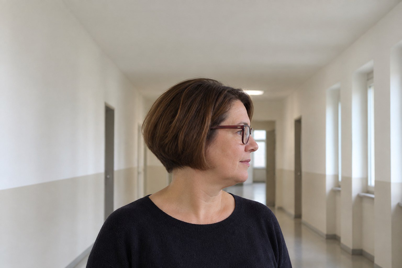 Frau mit Brille im Profil: Bob mit steil aufgebautem Nacken