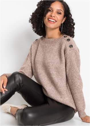 bonprix Pullover mit Zierknöpfen, taupe meliert