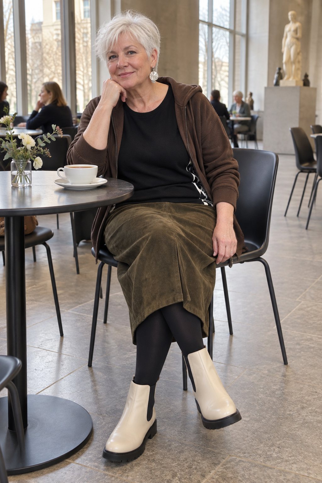 Frau trägt Brauner Lederrock in Midi-Länge mit schwarzem Feinstrick – Verabredung im Museumscafé