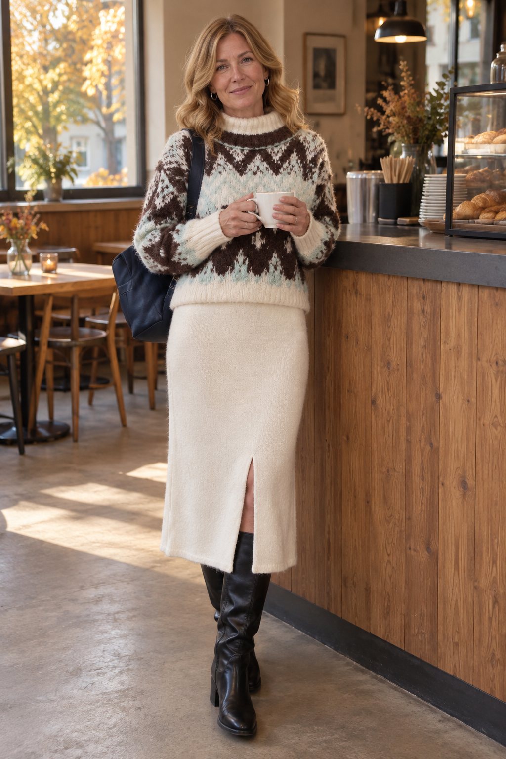 Frau trägt Cremefarbener Midirock mit Norweger-Pullover – Samstagvormittag im Lieblingscafé