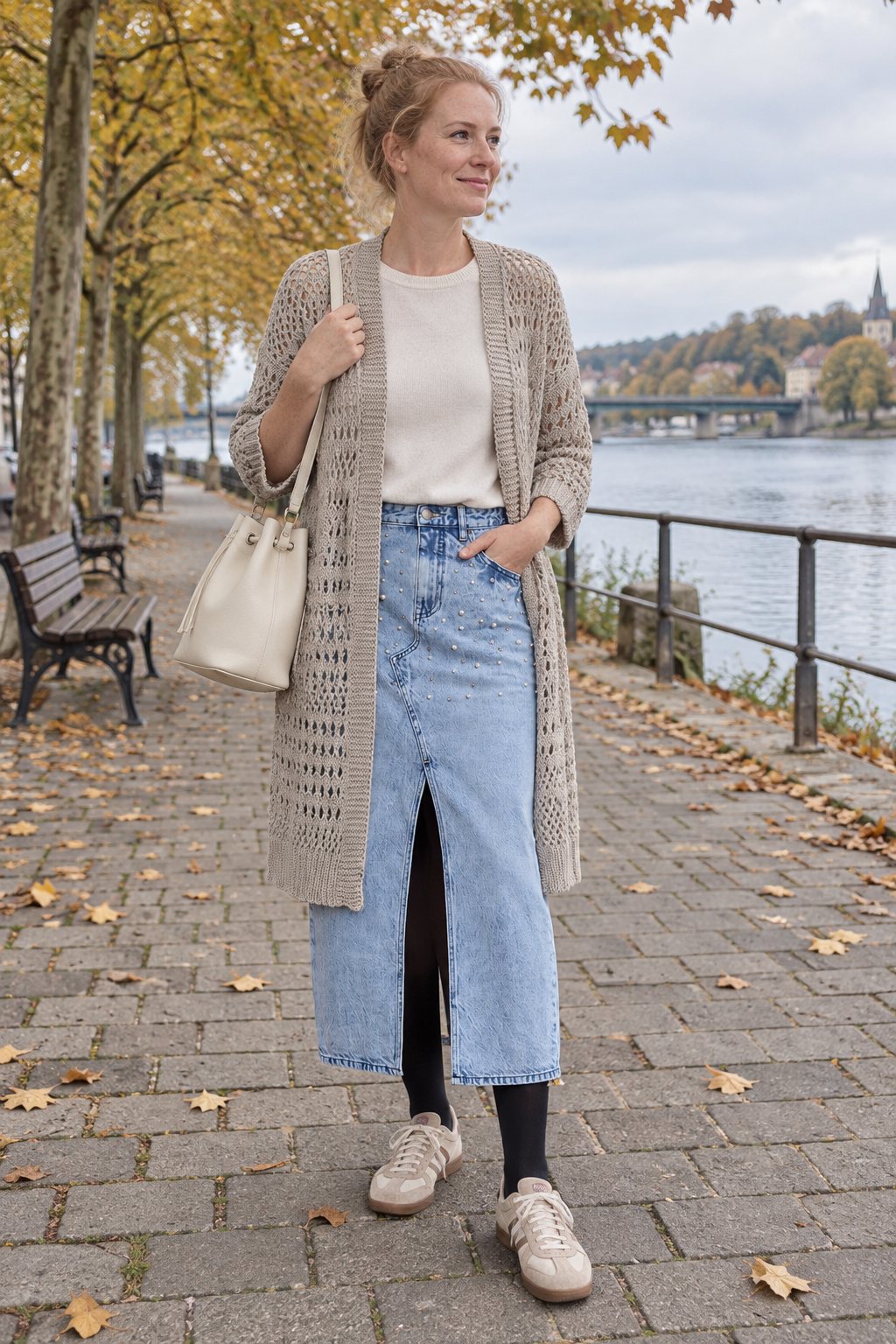 Frau trägt Heller Jeansrock mit langer Strickjacke in Beige – Spaziergang am Fluss