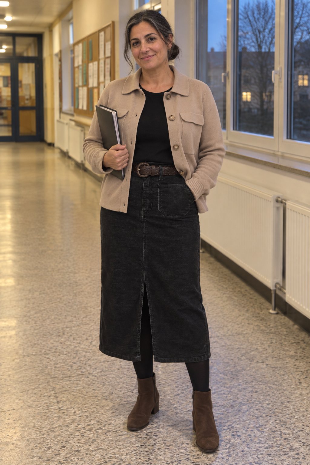 Frau trägt Schwarzer Cord-Midirock mit beiger Hemdjacke – Elternabend in der Schule