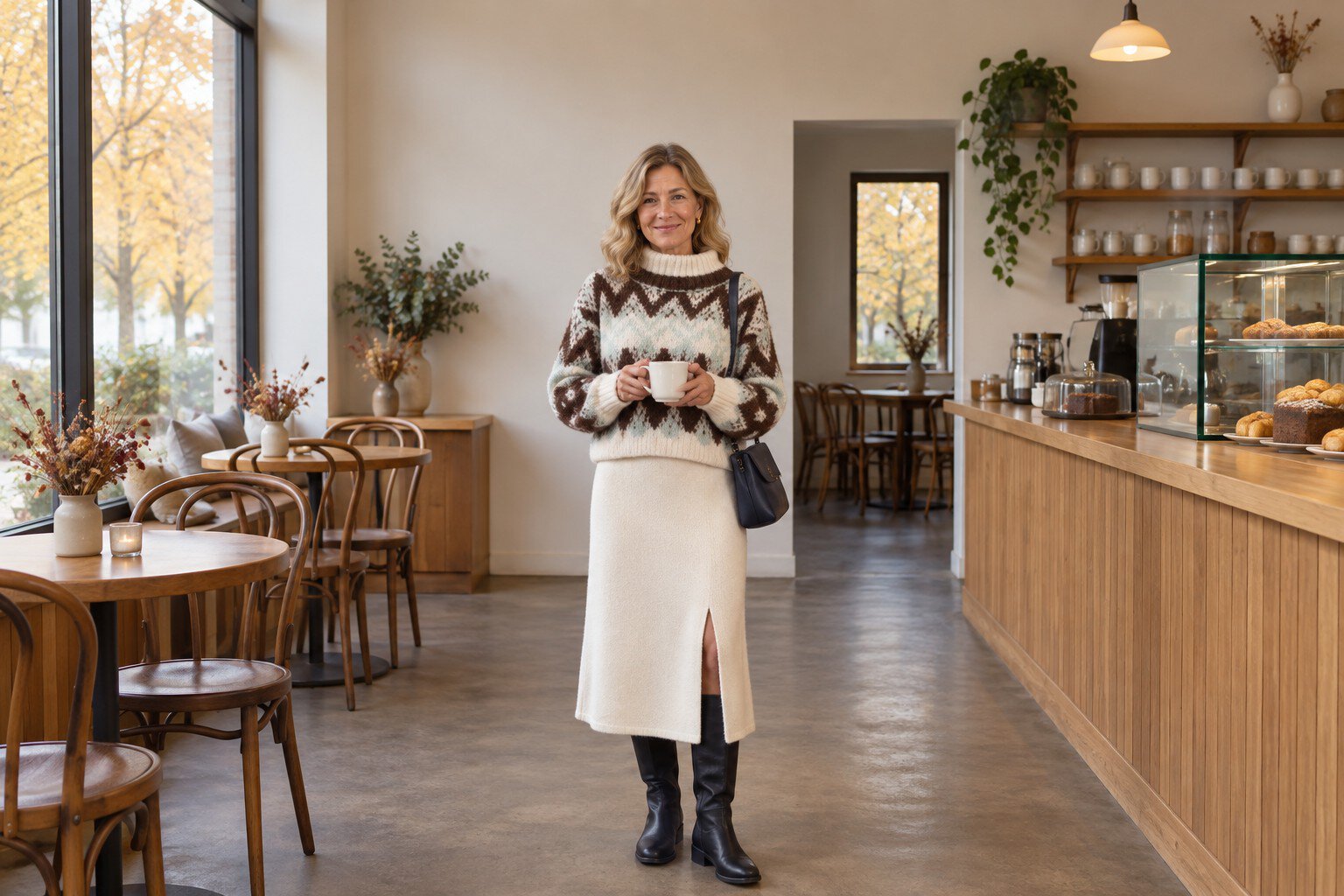Frau in cremefarbenem Strick-Midirock und Norwegerpullover mit Kaffeetasse in einem Café