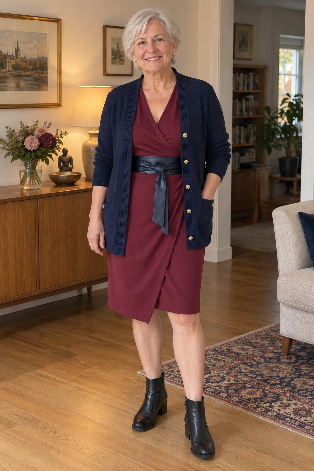 Frau trägt Bordeauxrotes Wickelkleid mit marineblauer Strickjacke – Familienfeier