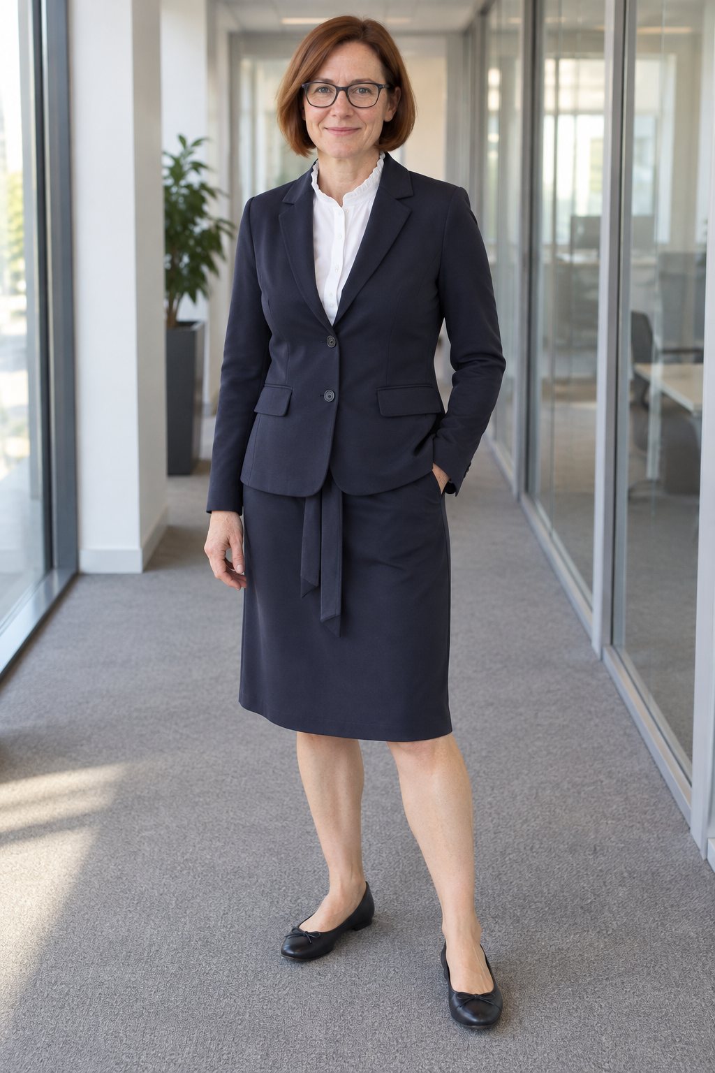 Frau trägt Marineblauer Blazer zu Rock mit Bindegürtel – Präsentation im Büro