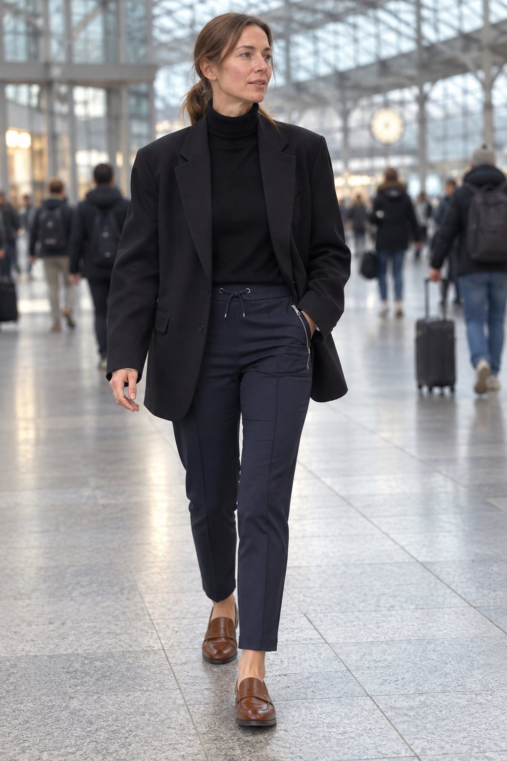 Frau trägt Schwarzer Oversize-Blazer über schmaler Hose – Arbeitstag mit Kundentermin
