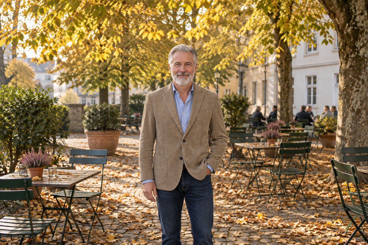 Mann in camelfarbenem Cordsakko, hellblauem Hemd und dunkler Jeans auf einer Caféterrasse im Herbst