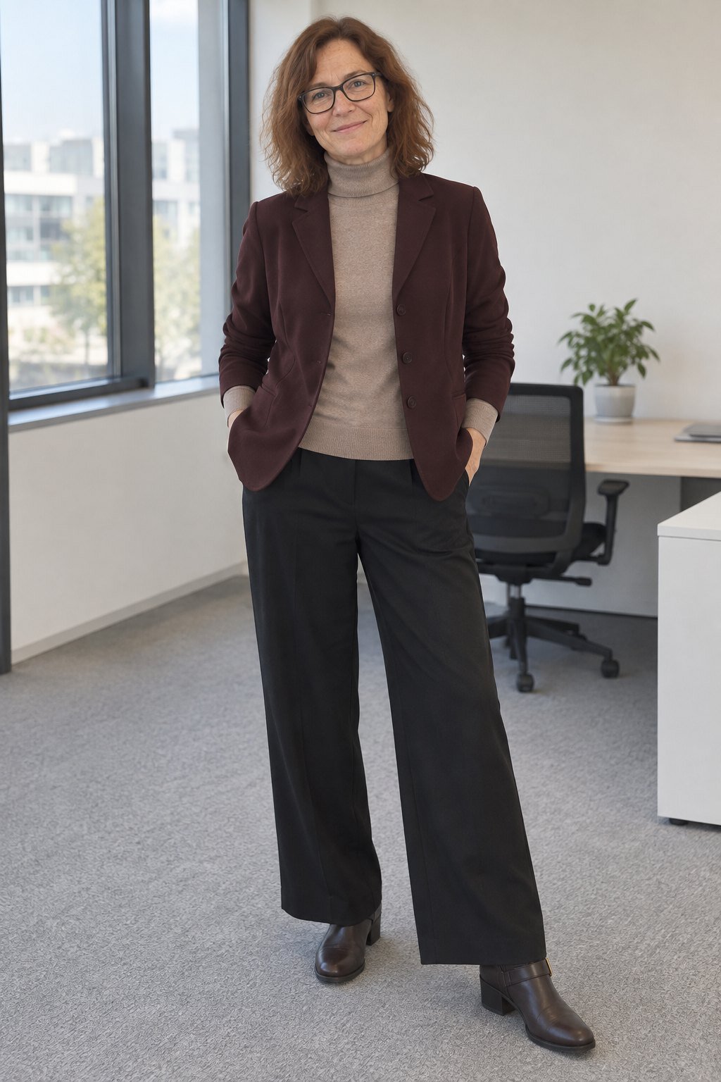 Frau trägt Bordeauxroter Jersey-Blazer über taupefarbenem Rollkragen – Bürotag mit 24 Grad im Raum
