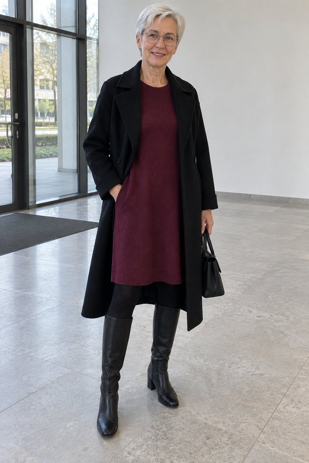 Frau trägt Bordeauxrotes Strickkleid unter schwarzem Wollmantel – Vormittagstermin in der Stadt