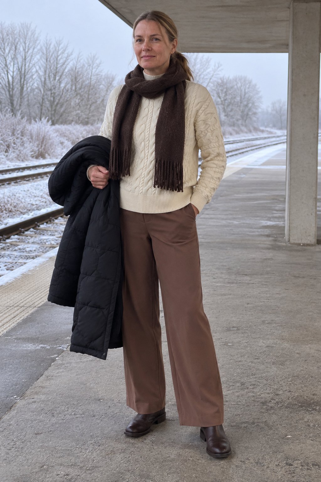 Frau trägt Cremefarbener Zopfstrick zur karamellbraunen Marlenehose – Bahnsteig am frühen Morgen