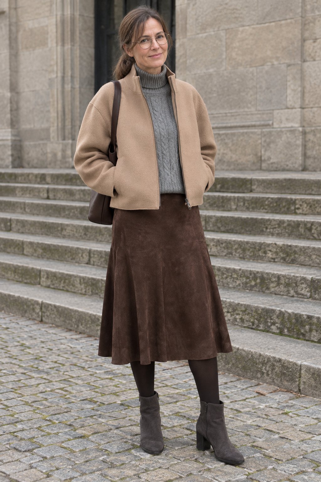 Frau trägt Kurze Wolljacke in Camel zum braunen Wildlederrock – Termin am späten Vormittag