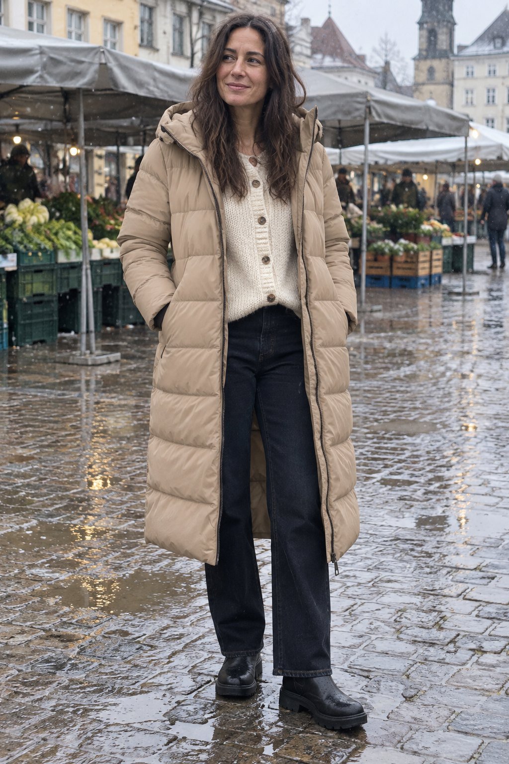 Frau trägt Sandfarbener Steppmantel zu dunkler Jeans und groben Chelsea-Boots – Markttag bei Schneeregen