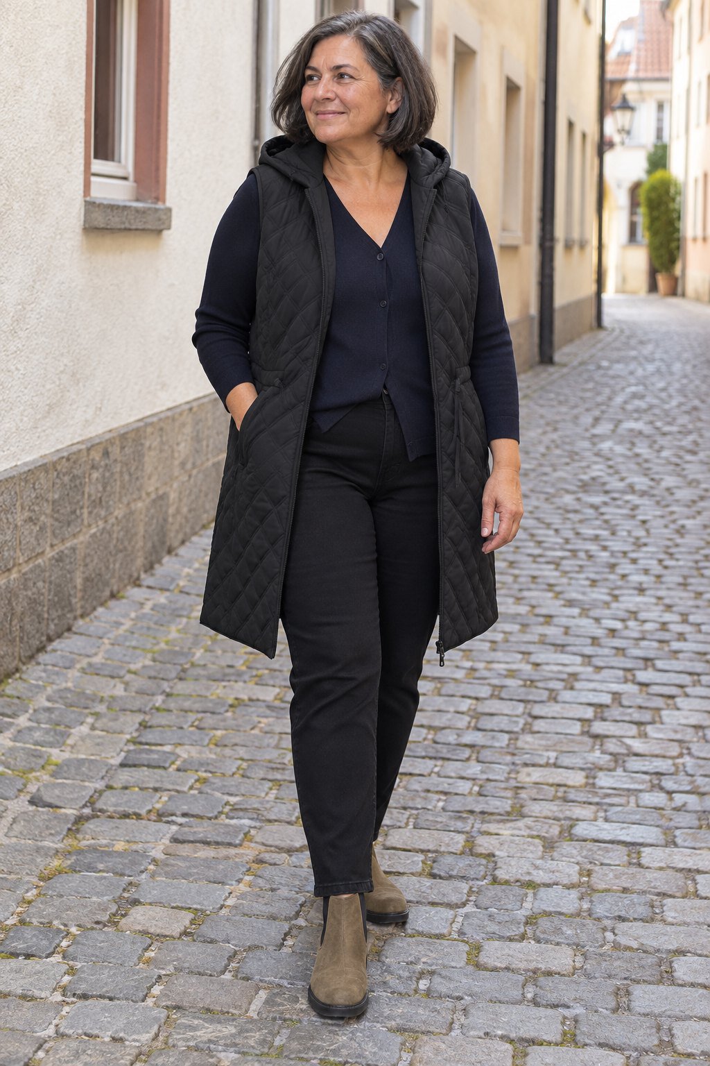 Frau trägt Schwarze Steppweste über navyblauer Feinstrickjacke – Bummel durch die Altstadt, Größe 46