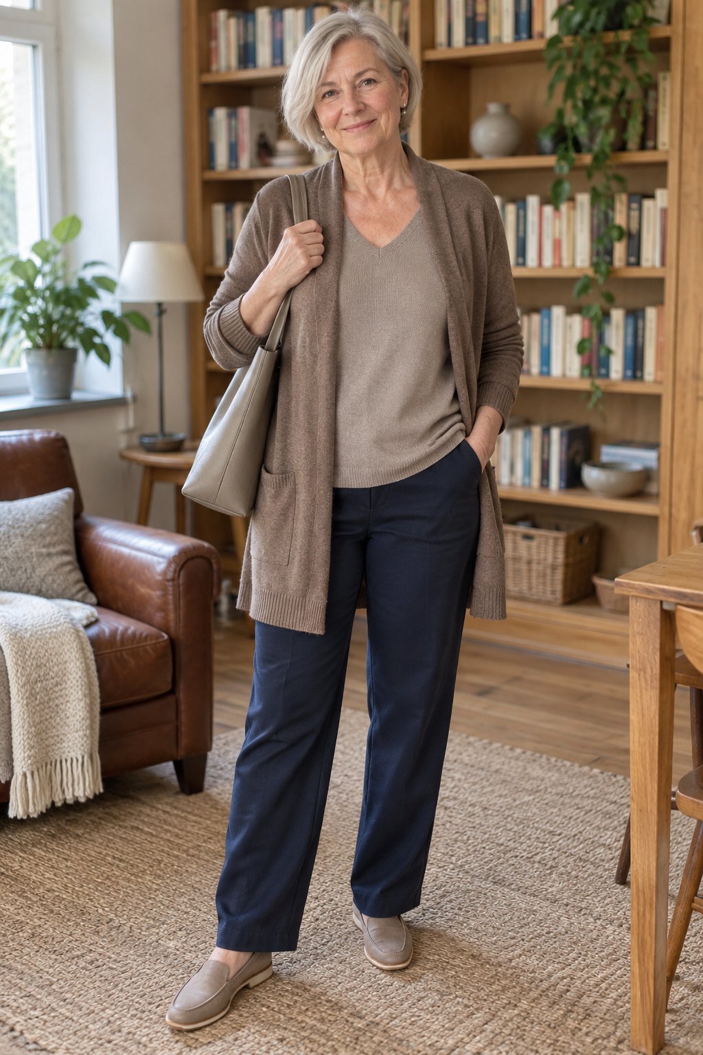 Frau trägt Taupefarbener Kaschmir-V-Pullover mit Strickjacke zum Ablegen – Langer Nachmittag am Schreibtisch