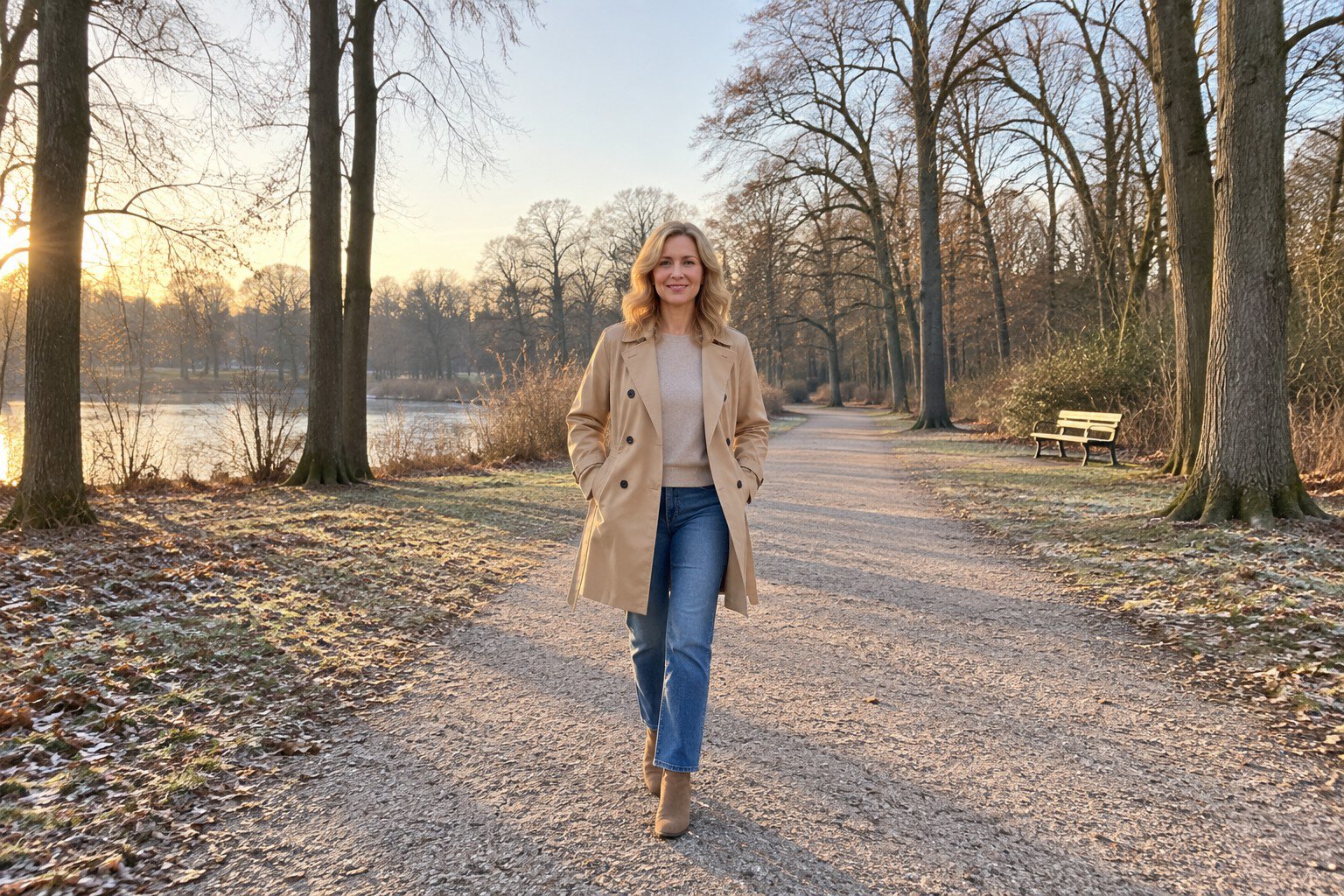 Frau in camelfarbenem Trenchcoat, sandfarbenem Feinstrickpullover und Jeans auf einem Parkweg im Winter