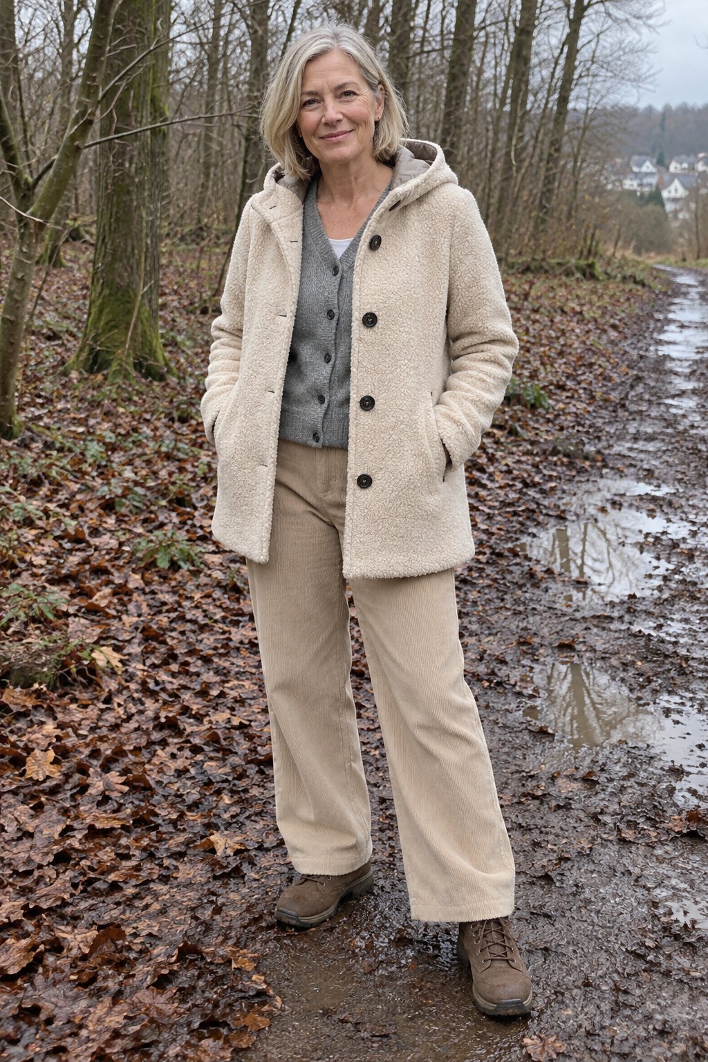 Frau trägt Wollweiße Kapuzenjacke zur sandfarbenen Cordhose – Spaziergang am matschigen Waldrand