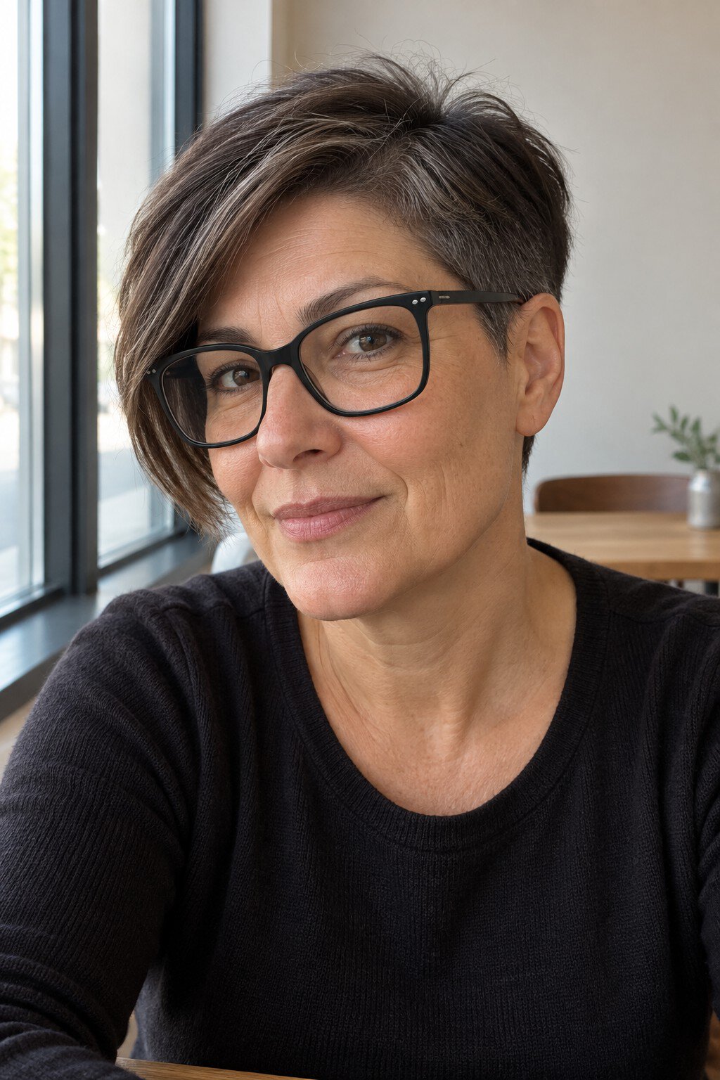 Frau mit Brille: Pixie mit langer Seitenpartie und kräftiger schwarzer Eckform