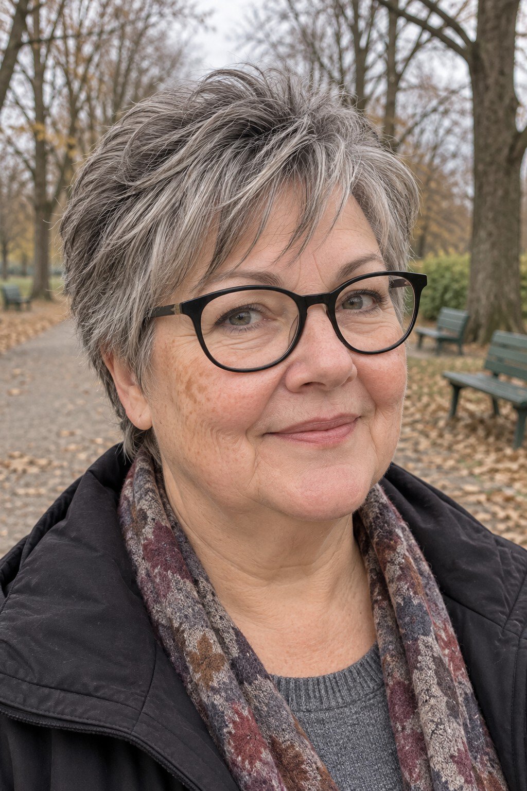 Frau mit Brille: Zerzauster Crop mit weichen Spitzen und runder schwarzer Fassung
