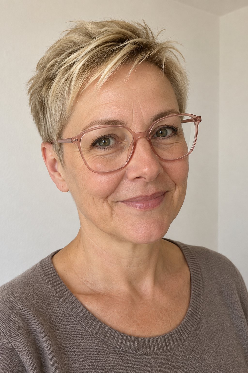 Frau mit Brille: Kurzer Pixie bei feinem Haar mit leichter Sechseckfassung