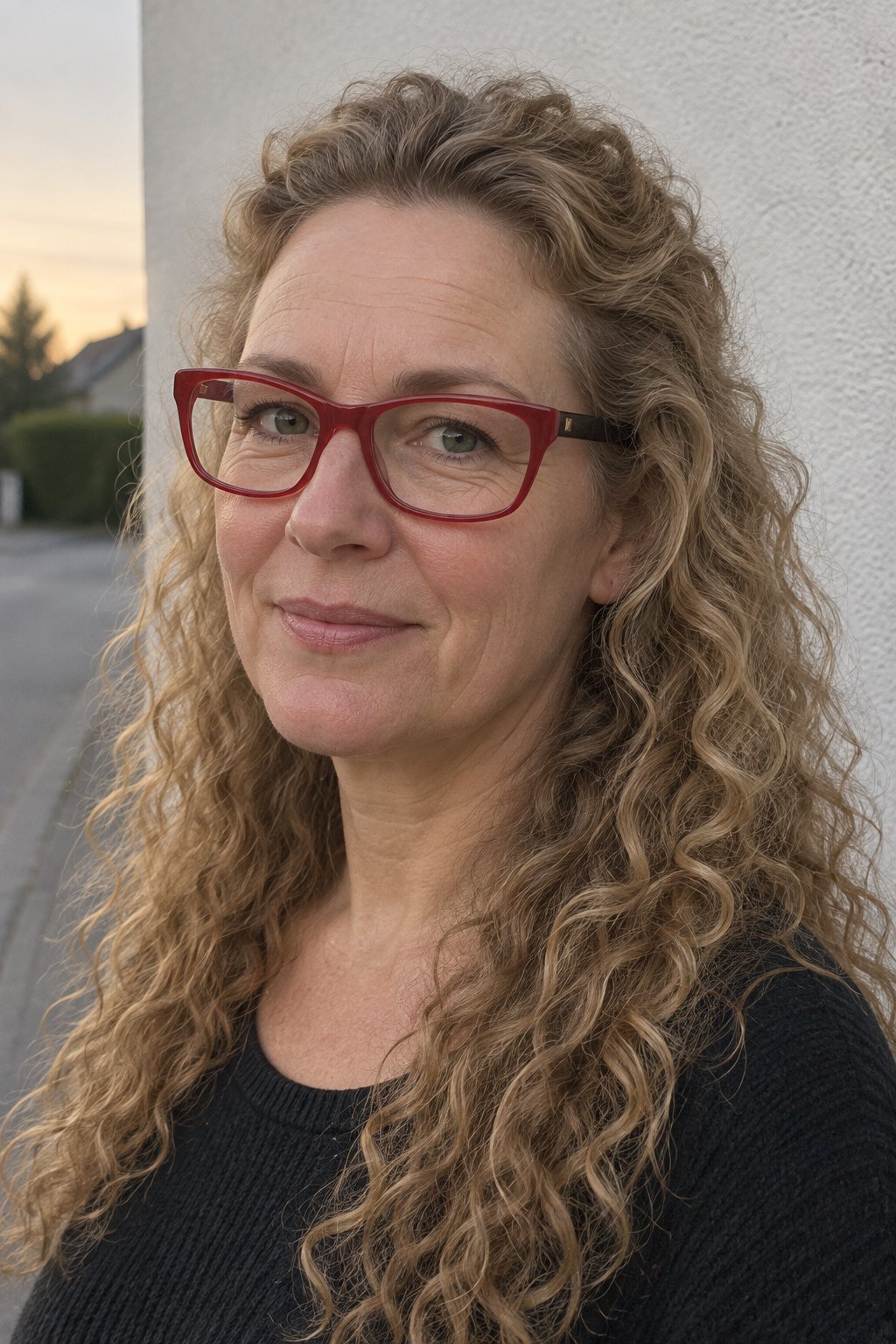 Frau mit Brille: Lange Locken in Dunkelblond mit leuchtend roter Fassung