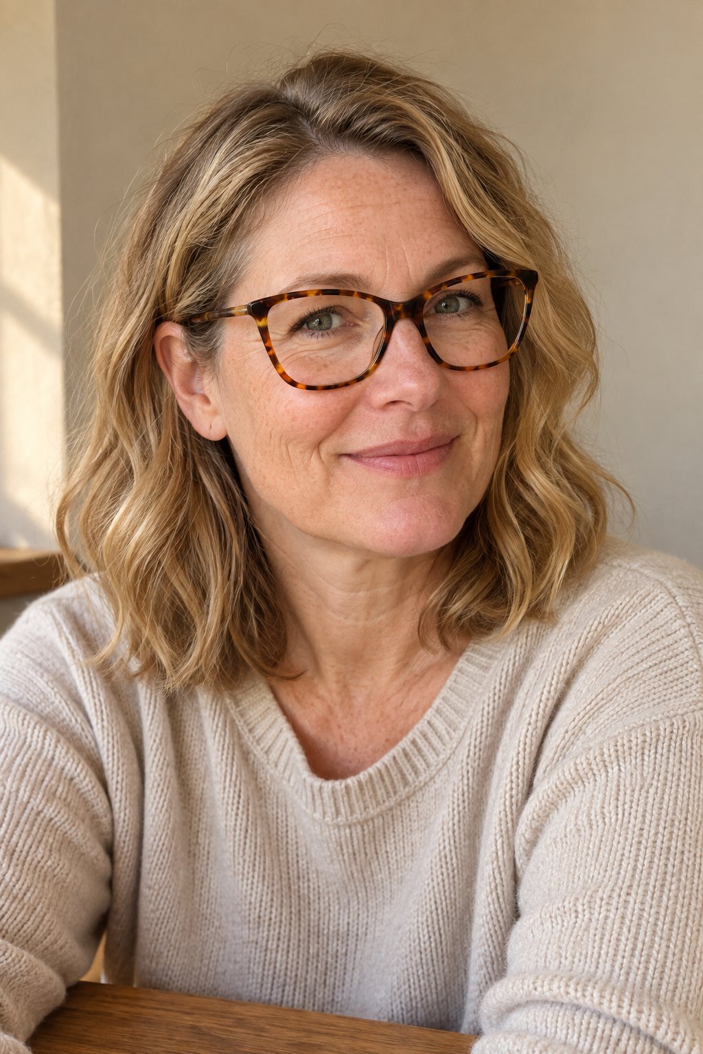 Frau mit Brille: Schulterlange Naturwelle in Karamellblond mit Havanna-Cat-Eye