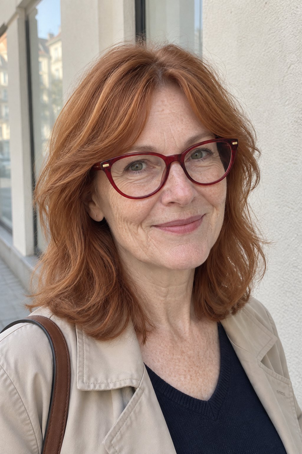 Frau mit Brille: Kupferrotes Mittellang mit Curtain Bangs und weinroter Fassung