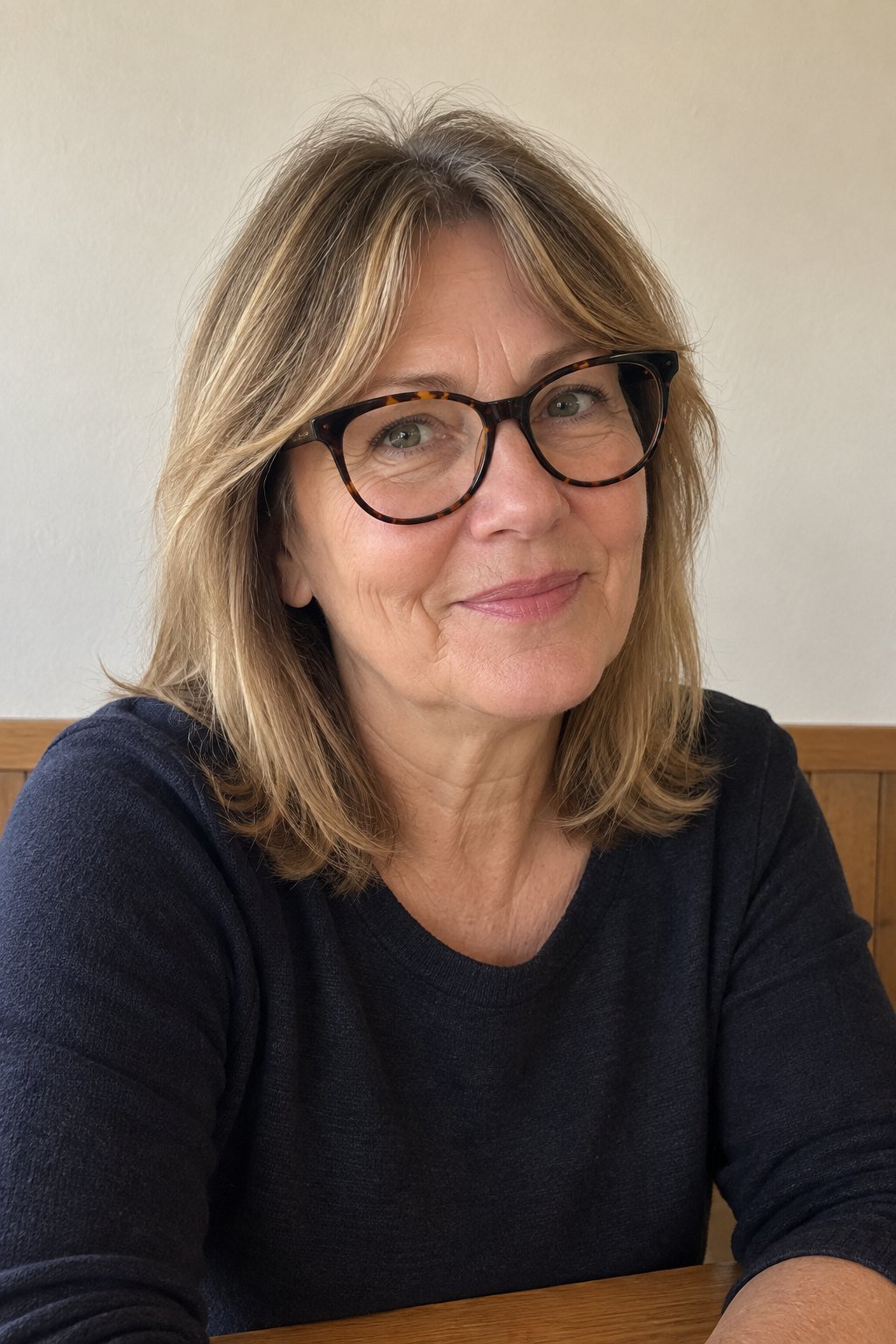 Frau mit Brille: Schulterlanger Schnitt mit Curtain Bangs und Cat-Eye in Havanna