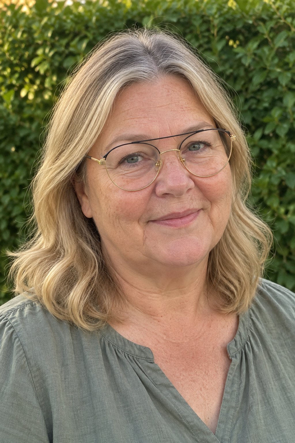 Frau mit Brille: Weiche Wellen mit Mittelscheitel und runder Metallfassung